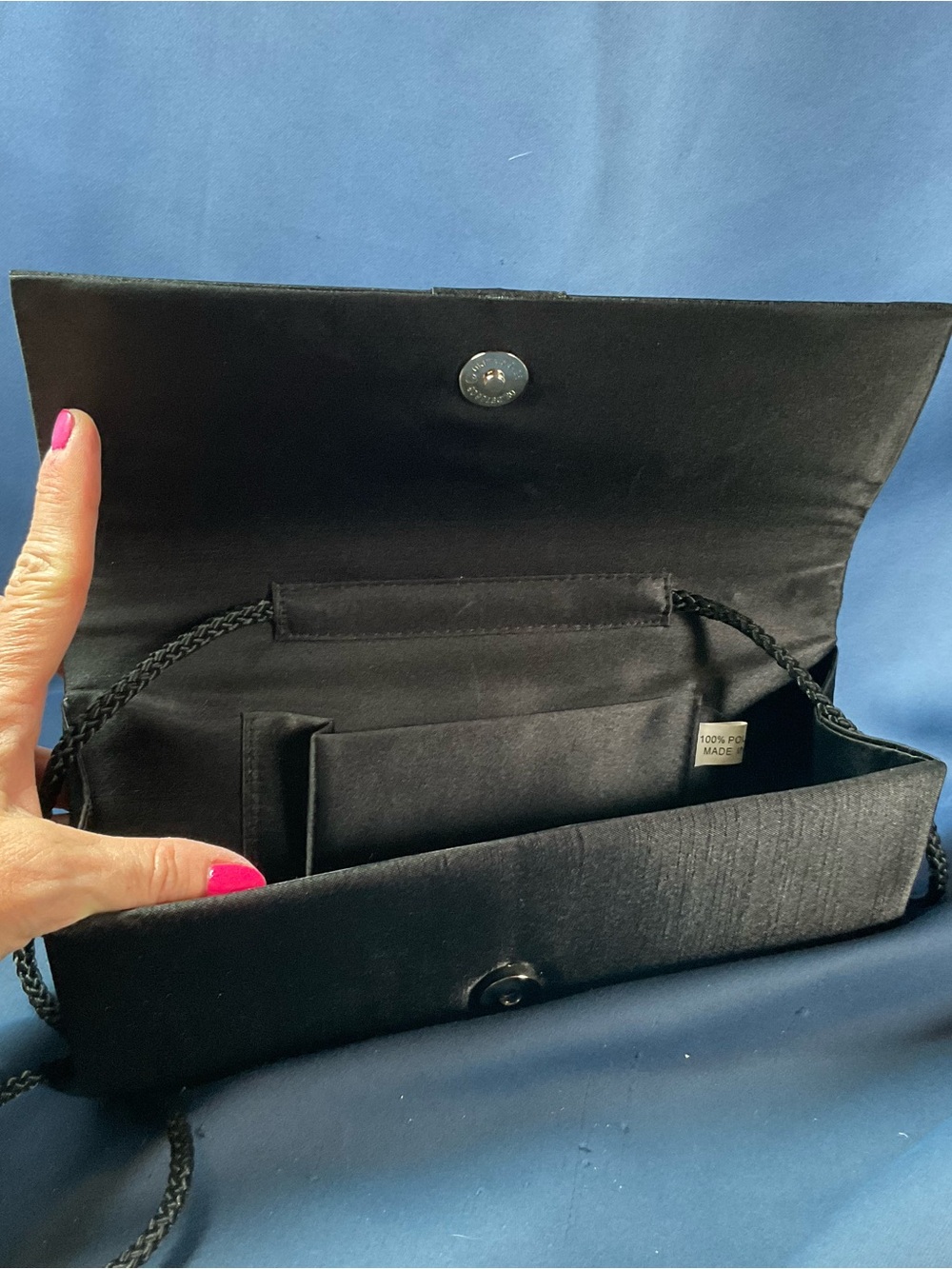 Black Satin Evening Clutch Purse Rhinestone Accent long Strap wedding Classic - Picture 3 of 8